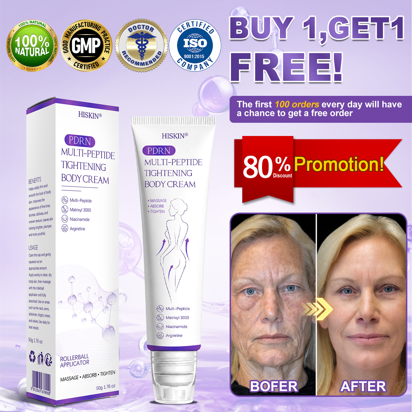 ca Canada Compliant : HISKIN® PDRN Multi-Peptide Massaging Body Roller Cream- Anti-aging, Hydrating, Skin Firming & Lifting, Skin Repair, Even Tone, Acne and Dark Spot Treatment, Wart and Mole Removal, and Psoriasis Relief.