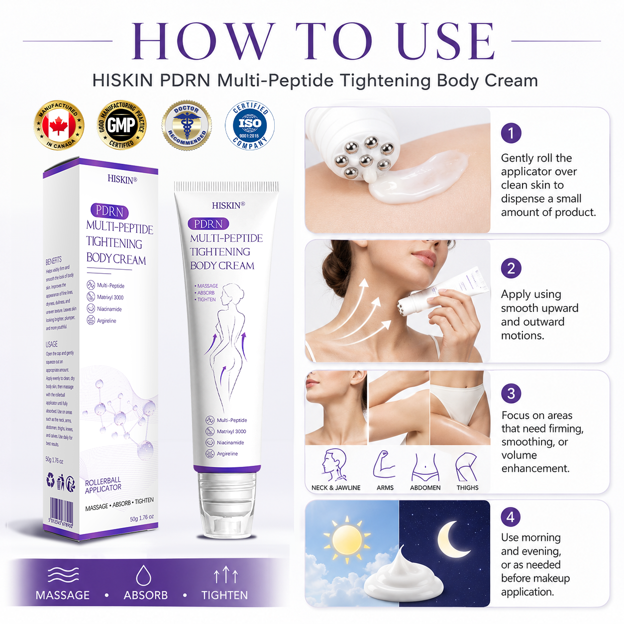 ca Canada Compliant : HISKIN® PDRN Multi-Peptide Massaging Body Roller Cream- Anti-aging, Hydrating, Skin Firming & Lifting, Skin Repair, Even Tone, Acne and Dark Spot Treatment, Wart and Mole Removal, and Psoriasis Relief.