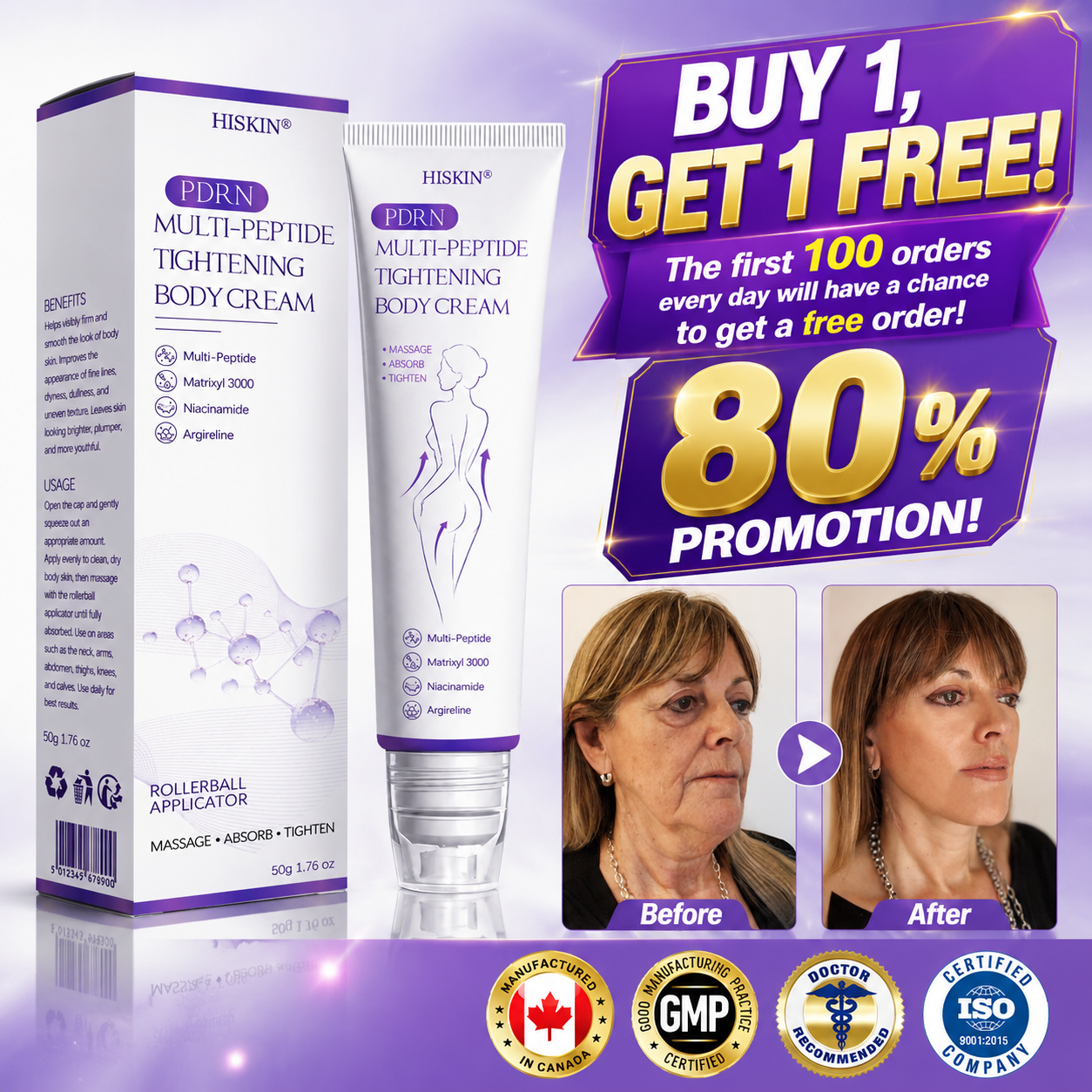 ca Canada Compliant : HISKIN® PDRN Multi-Peptide Massaging Body Roller Cream- Anti-aging, Hydrating, Skin Firming & Lifting, Skin Repair, Even Tone, Acne and Dark Spot Treatment, Wart and Mole Removal, and Psoriasis Relief.